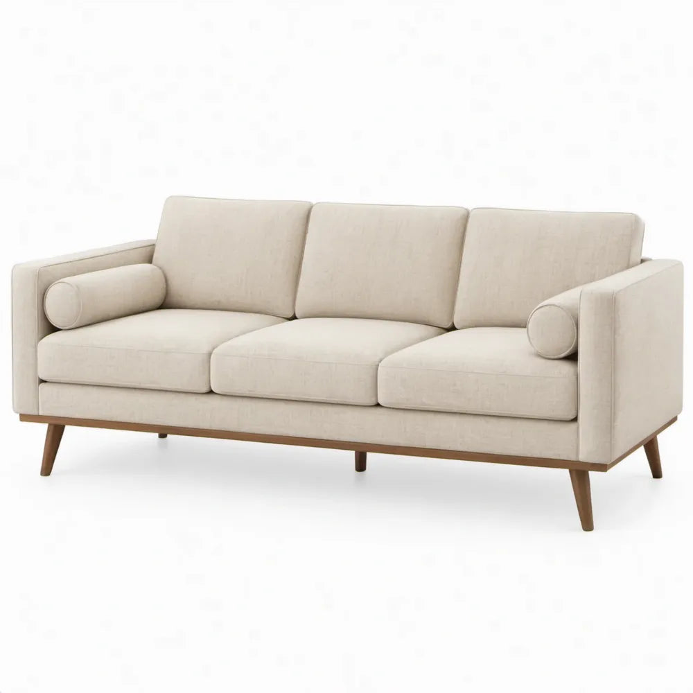 3-zitsbank 210 x 85 x 82 cm crème met bruine poten van massief rubberhout
