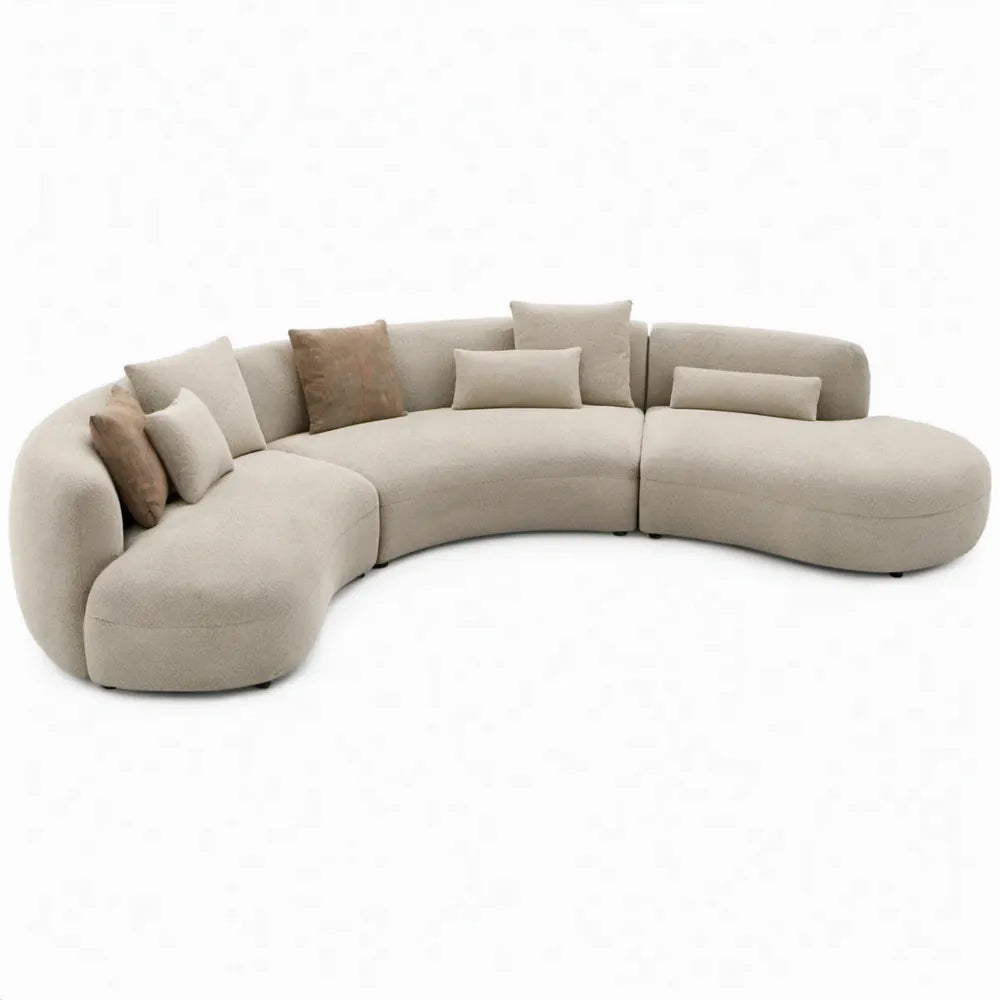 Gebogen modulaire 4-zitsbank 320 x 145 x 75 cm van beige polyester bouclé met taupekleurige kussens