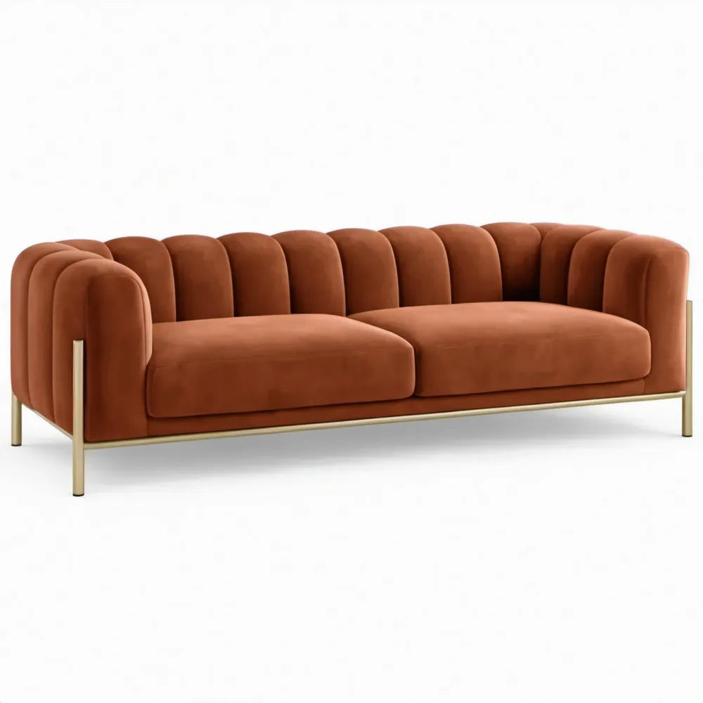 3-zitsbank 225 x 92 x 76 cm roestbruin fluweel met goudkleurig stalen frame