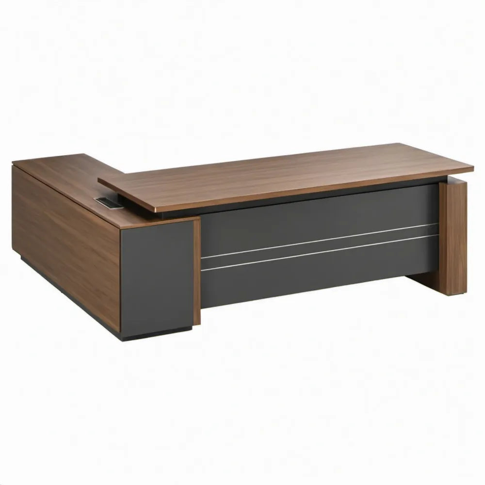Directiebureau met zijmodule in walnootbruin en antraciet, 180 x 160 x 75 cm