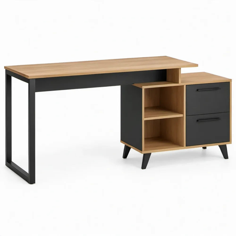 Bureau 160 x 60 x 75 cm met 2 lades en 2 open vakken – Eikenkleurig/Zwart