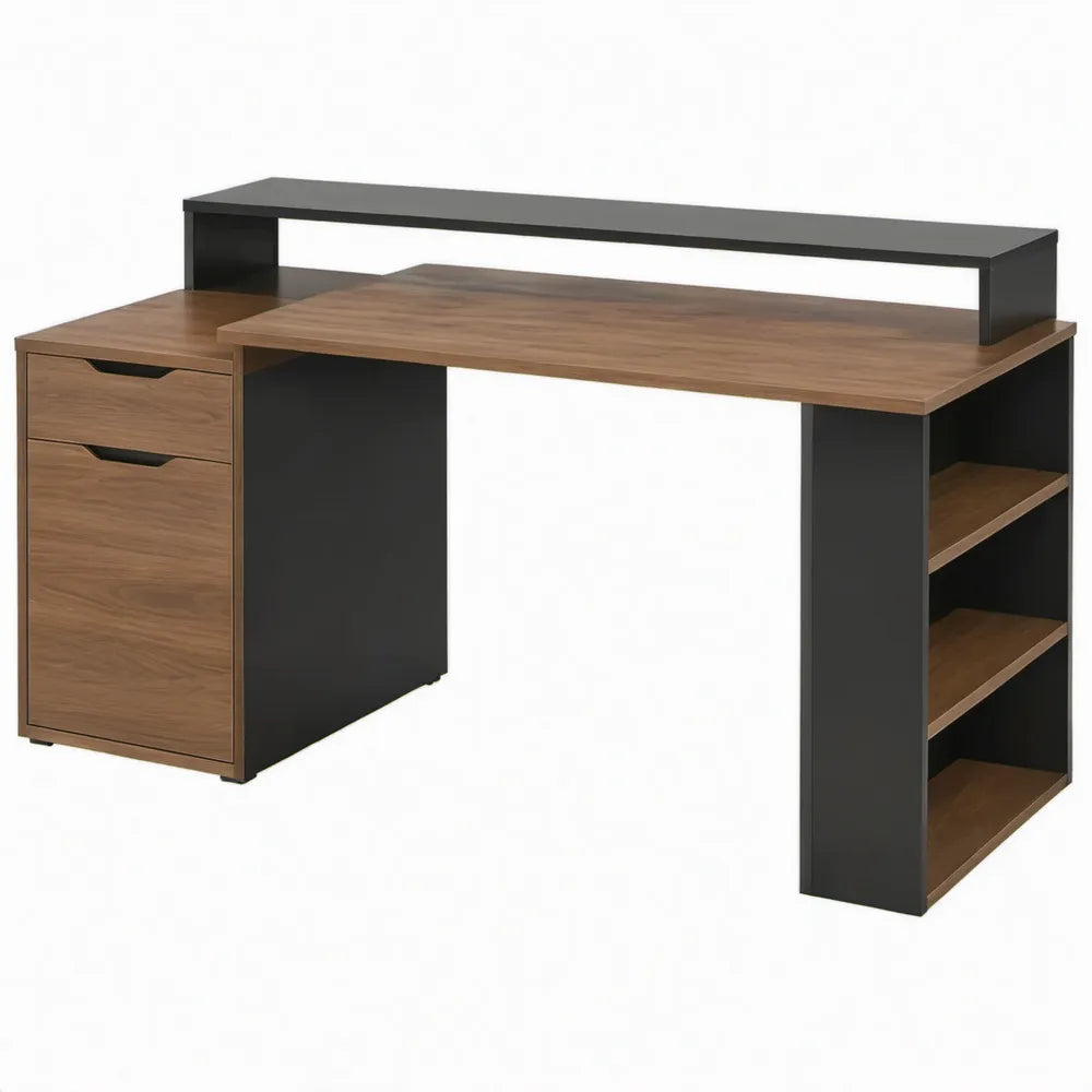 Bureau met verhoogd achterrek, 2 lades en open opbergruimte, 120 x 60 x 89 cm, Walnootbruin/Zwart