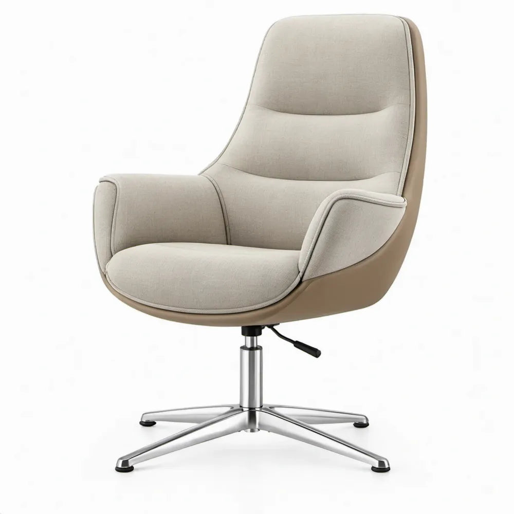 Beige draaibare bureaustoel met hoge rugleuning en armleuningen, 70 x 72 x 104-112 cm