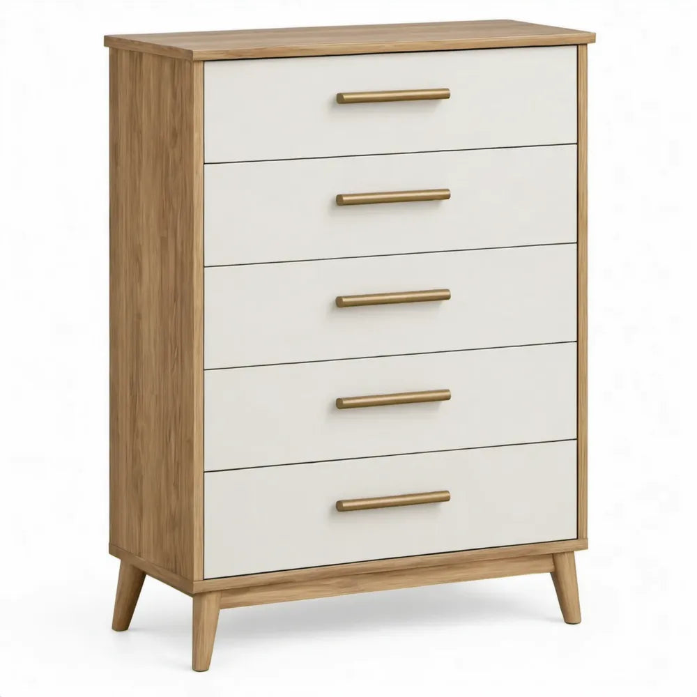 Ladekast met 5 laden 80 x 40 x 120 cm Wit/Eikenkleurig/Goudkleurig
