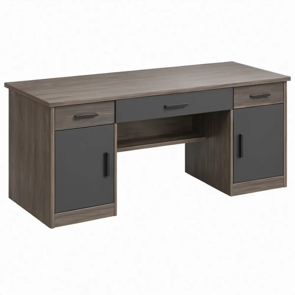 Bureau 140 x 60 x 75 cm grijsbruin en donkergrijs met 3 lades en 2 deuren