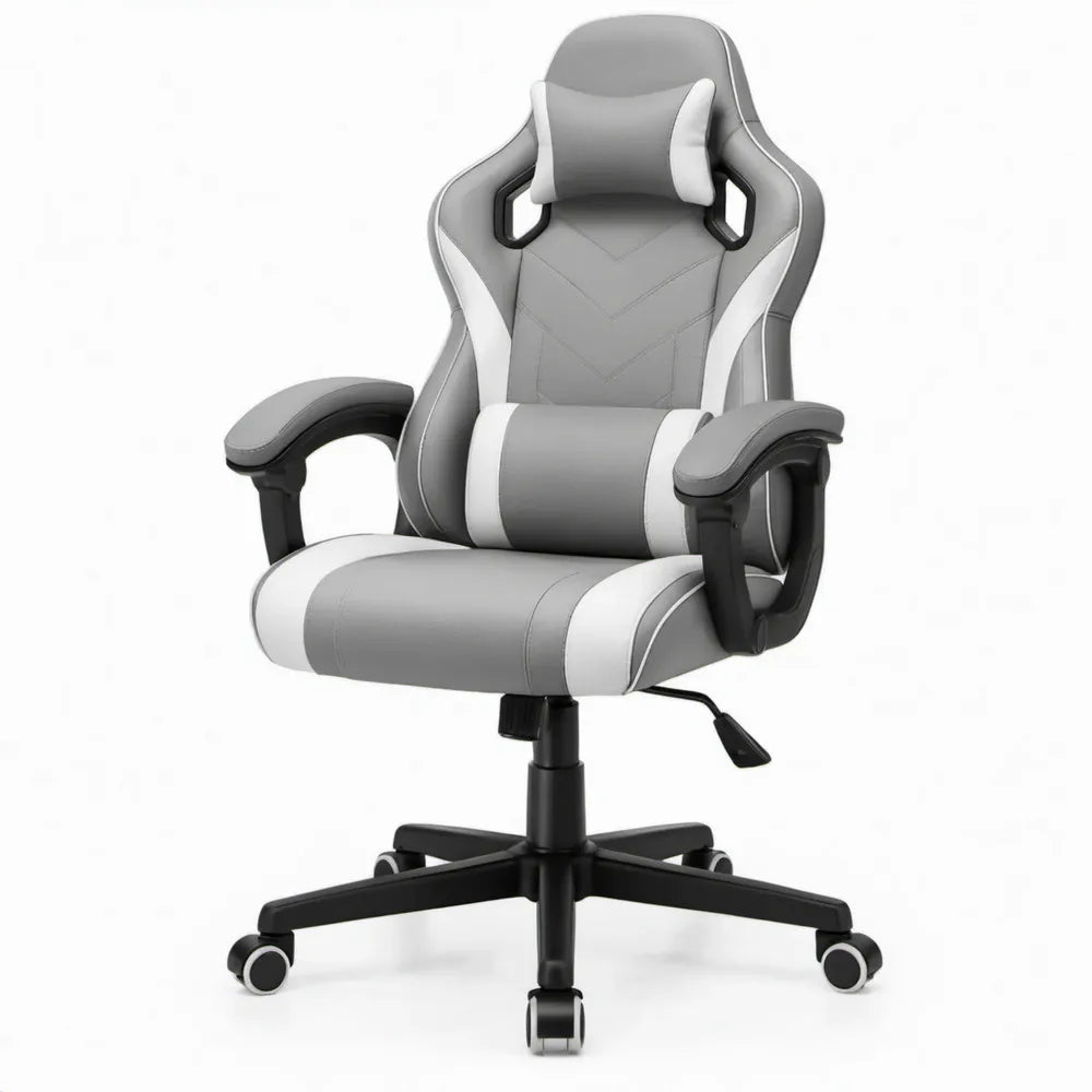 Kuipvormige gamingstoel met hoofd- en lendenkussen, grijs/wit, 65 x 65 x 118-128 cm
