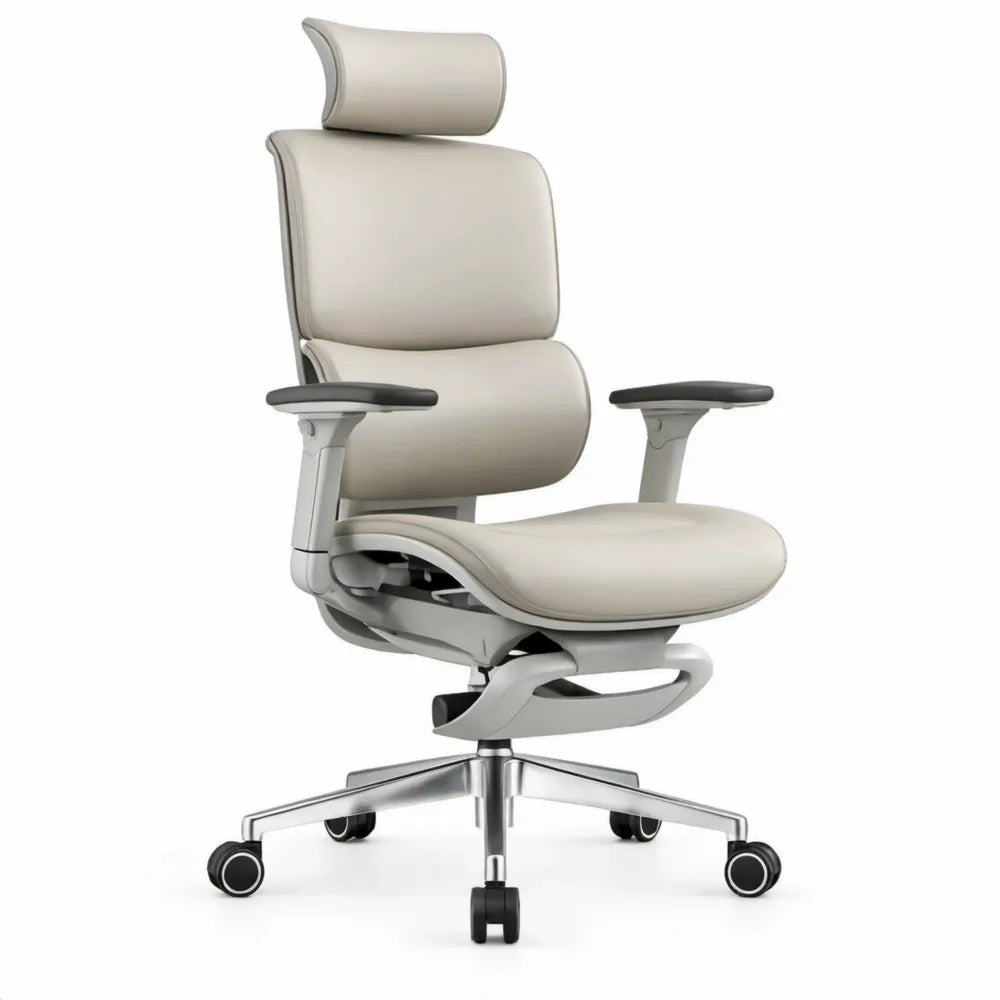 Ergonomische bureaustoel van beige PU-kunstleer met hoofdsteun, 66 x 68 x 118-128 cm