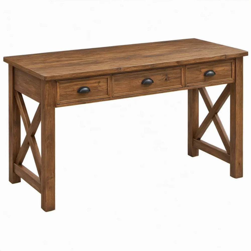 Bruin grenenhouten bureau met 3 lades en zwarte grepen, 140 x 60 x 76 cm