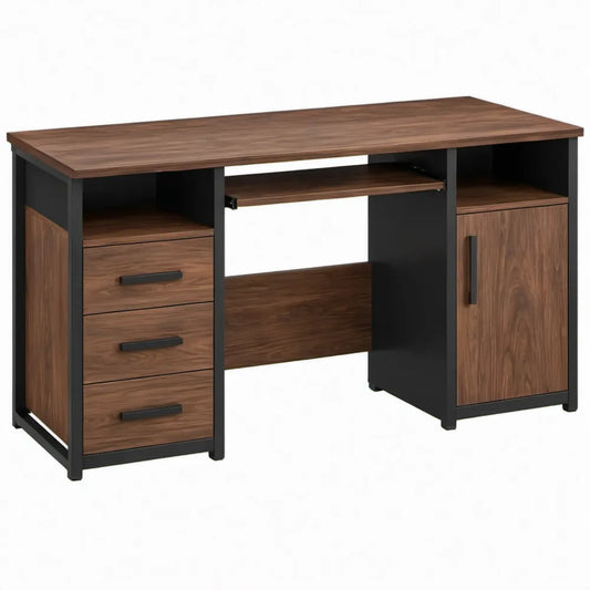 Bureau met 3 laden, 1 deur en uitschuifbaar toetsenbordblad, 120 x 60 x 75 cm, Walnootbruin/Zwart