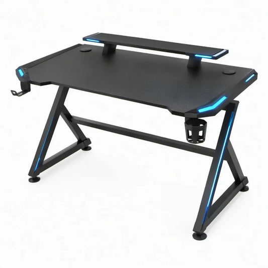 Zwart gamingbureau met blauwe LED-verlichting, monitorplateau en accessoires, 140 x 60 x 75 cm
