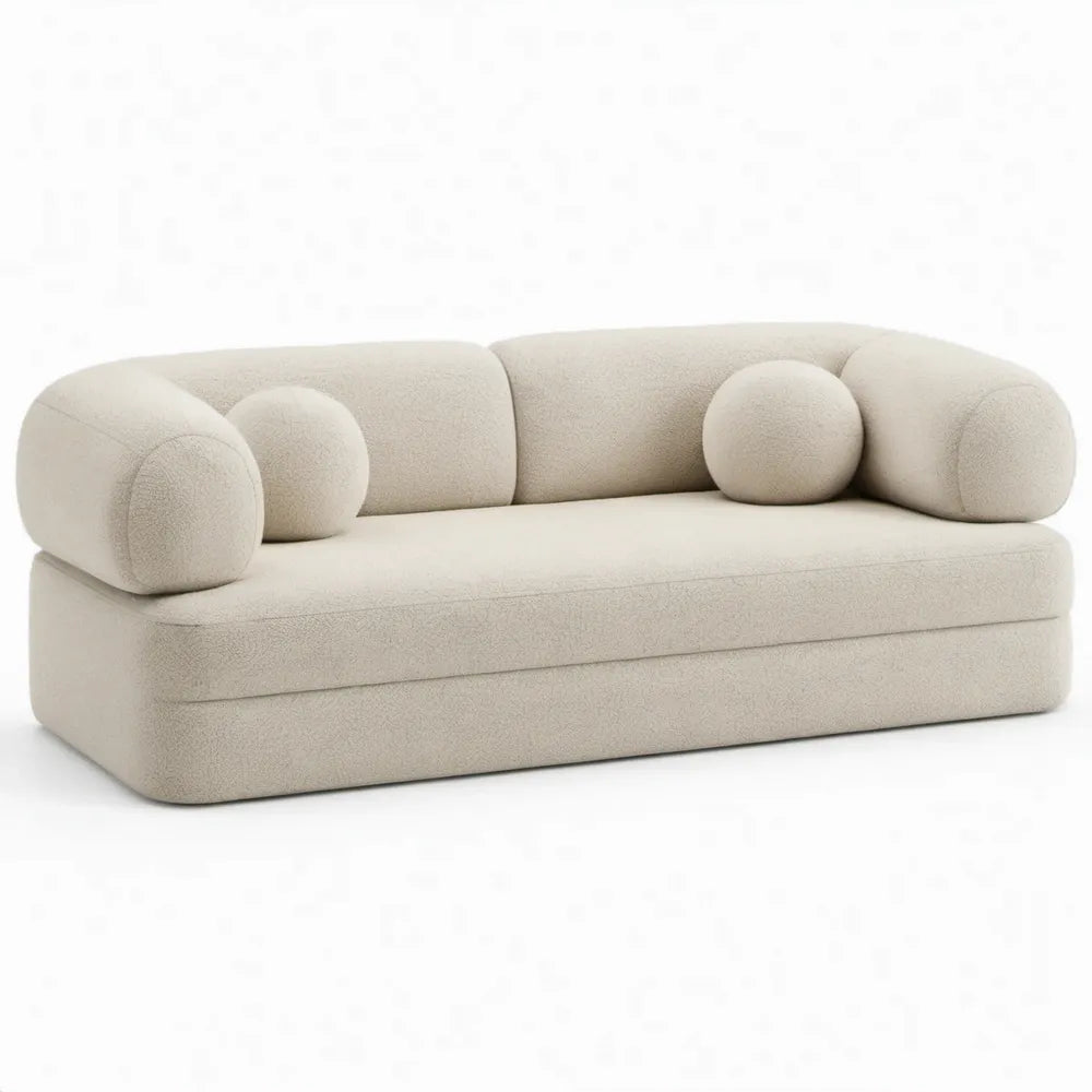 Crèmekleurige 2-zitsbank van polyester bouclé met ronde armleuningen, 180 x 92 x 72 cm