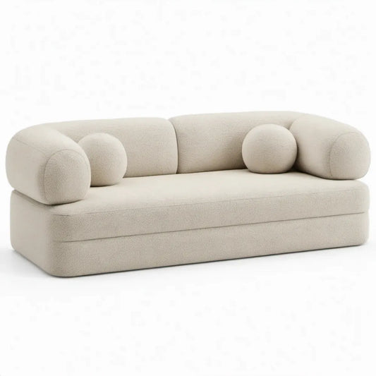 Crèmekleurige 2-zitsbank van polyester bouclé met ronde armleuningen, 180 x 92 x 72 cm
