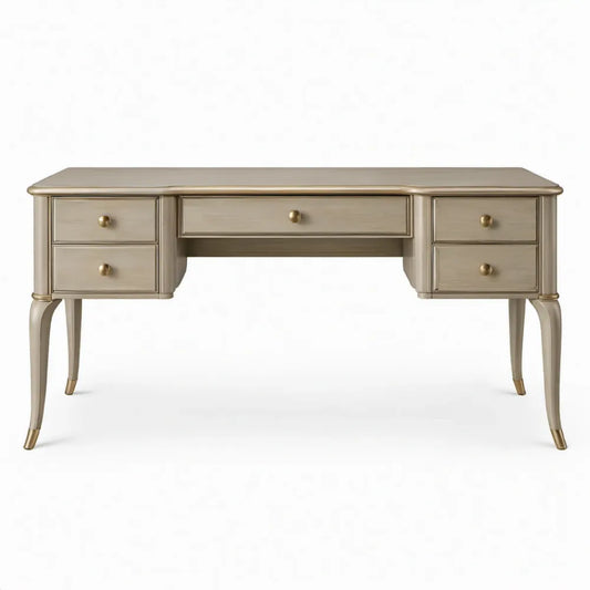 Champagnekleurig MDF bureau met 5 lades, goudkleurige details, 150 x 60 x 76 cm