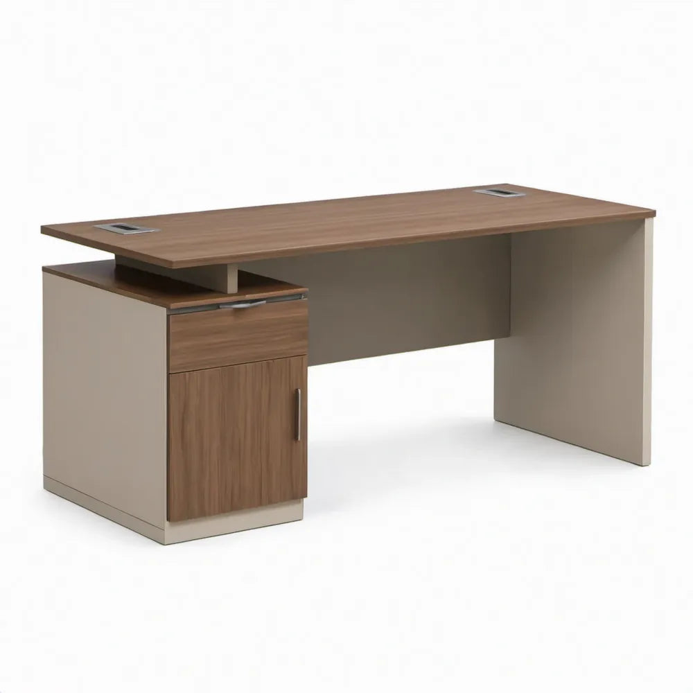 Bureau met kast en kabeldoorvoeren, 160 x 80 x 75 cm, walnoot/taupe