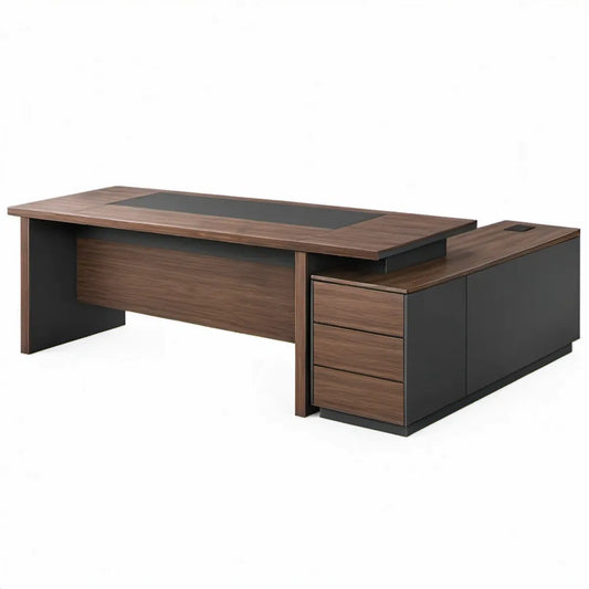 Directiebureau met zijconsole en 3 laden, walnootbruin/antracietzwart, 180 x 160 x 75 cm