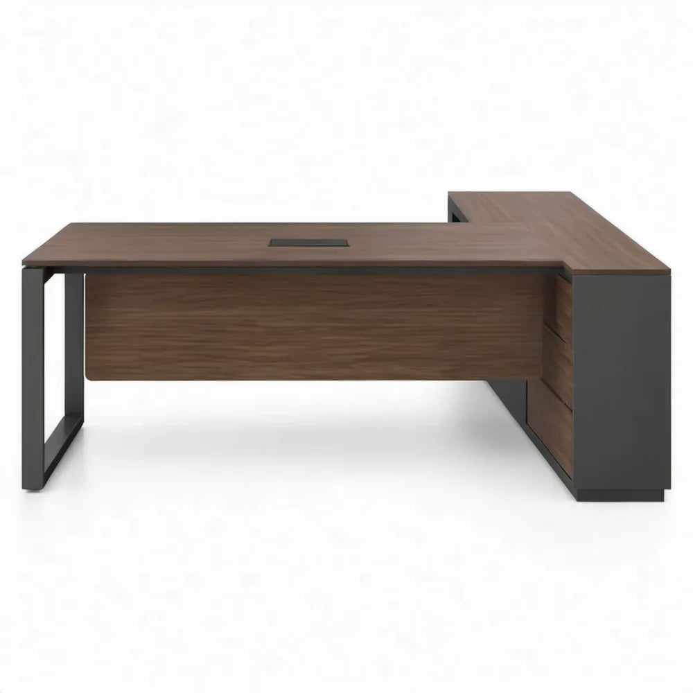 Hoekbureau met 3 laden, walnootbruin en zwart, 180 x 160 x 75 cm