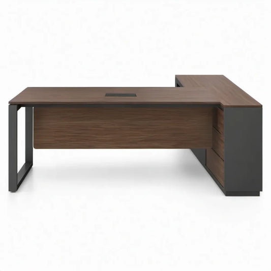 Hoekbureau met 3 laden, walnootbruin en zwart, 180 x 160 x 75 cm