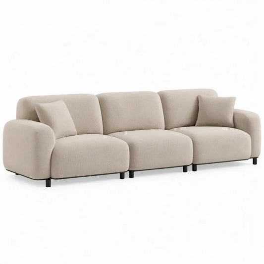 Modulaire 3-zitsbank met 2 sierkussens, 300 x 100 x 72 cm, beige bouclé