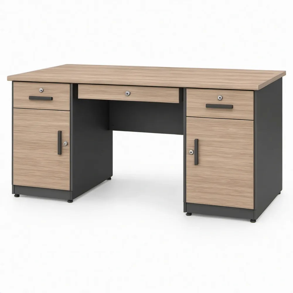 Kantoorbureau 140 x 60 x 75 cm met 3 afsluitbare laden en 2 afsluitbare kastvakken, eikenkleurig/antraciet/zwart