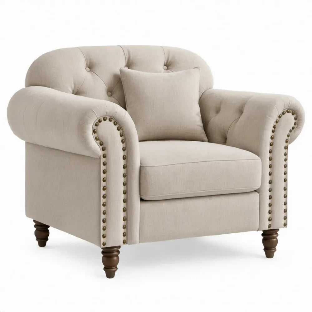 Chesterfield fauteuil 105 x 90 x 90 cm beige polyester met donkerbruine houten poten
