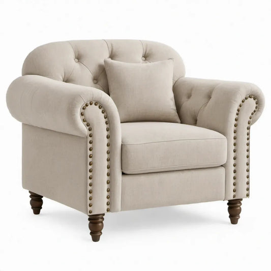 Chesterfield fauteuil 105 x 90 x 90 cm beige polyester met donkerbruine houten poten