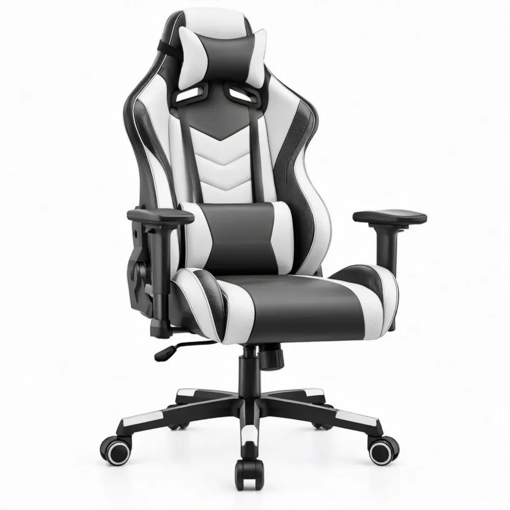 Ergonomische gamingstoel van PU-kunstleer met verstelbare rugleuning en armleuningen, 67 x 67 x 124-134 cm, zwart/wit