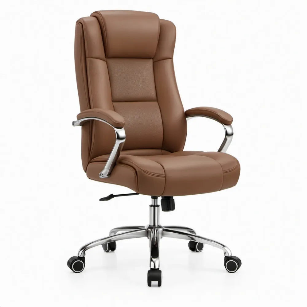 Ergonomische bureaustoel met hoge rugleuning, 65 x 65 x 112-122 cm, bruin PU-kunstleer en verchroomd staal