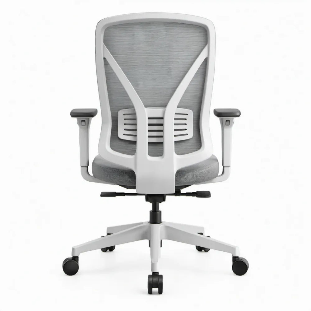 Ergonomische Bureaustoel met Verstelbare Lendensteun en Armleuningen, Grijs/Wit/Zwart, 64 x 64 x 112-122 cm