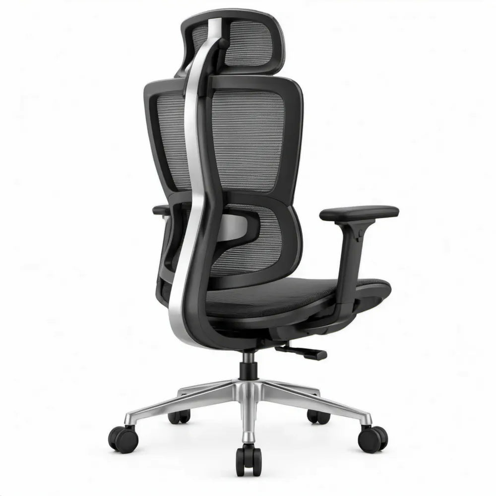 Ergonomische bureaustoel met verstelbare hoofdsteun en netrug, zwart/zilverkleurig, 66 x 66 x 116-126 cm