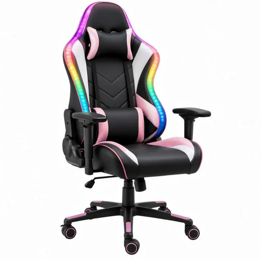 Verstelbare gamingstoel met RGB-ledverlichting, zwart/roze/wit, 68 x 68 x 125-135 cm