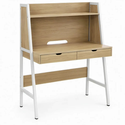 Bureau met 2 laden en opbergrek, 100 x 60 x 180 cm, eikenkleurig en wit
