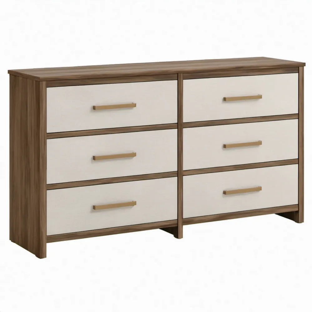 Ladekast met 6 lades, 140 x 40 x 80 cm, walnootbruin, gebroken wit en goudkleurig