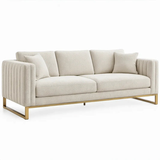 3-zitsbank 210 x 90 x 82 cm van crèmekleurige bouclé met goudkleurig stalen onderstel