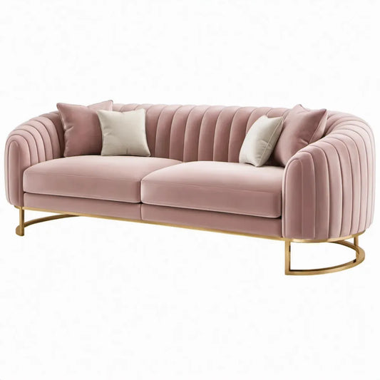 3-zitsbank 220 x 90 x 78 cm roze fluweel met goudkleurig stalen onderstel