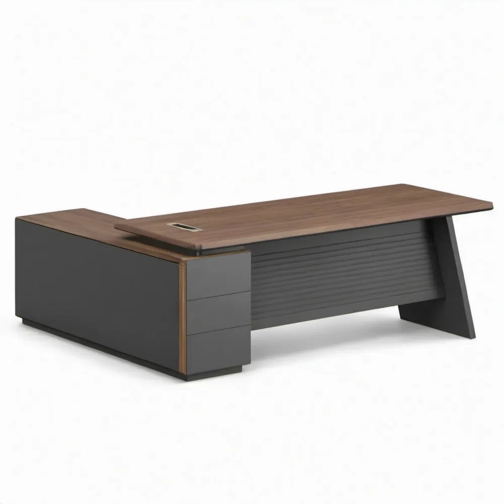 Directiebureau met ladeblok en kabeldoorvoer 180 x 160 x 75 cm walnootbruin antraciet MDF met melamine