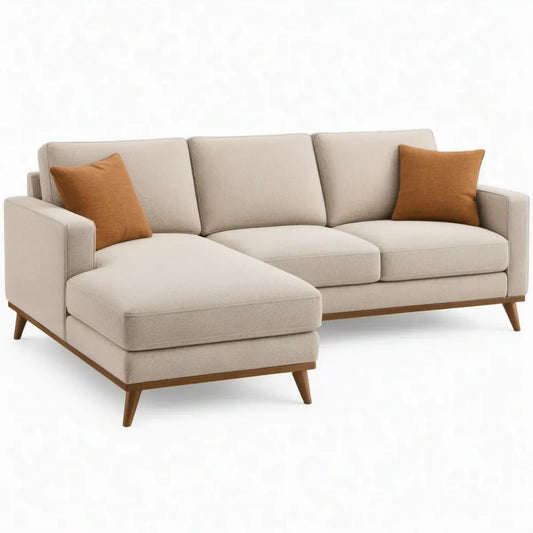 Beige hoekbank met linker chaise longue, 240 x 150 x 83 cm, polyester en rubberhout