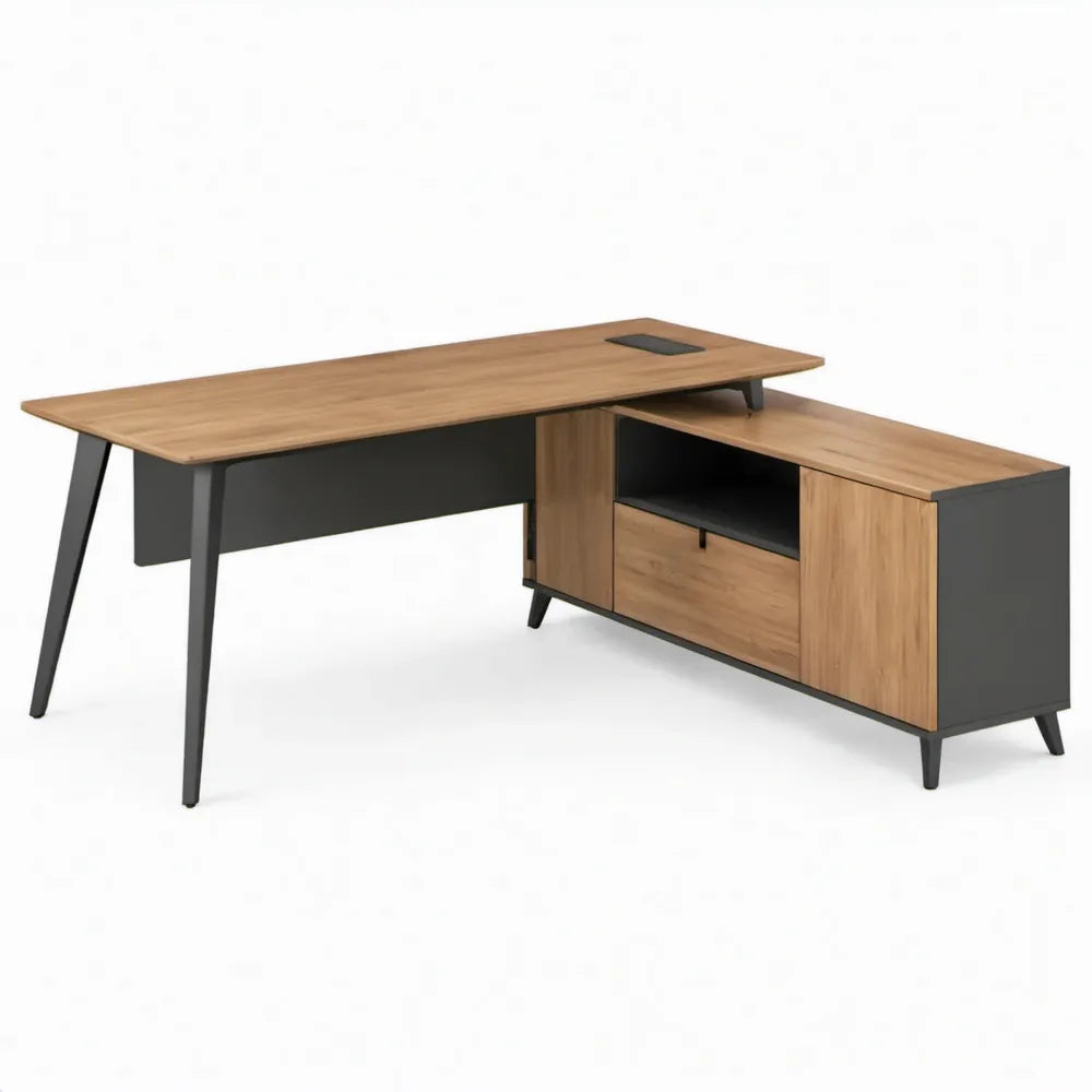 L-vormig bureau met opbergmeubel, kabeldoorvoer en stalen poten – 180 x 160 x 75 cm – Eikenkleurig/Antraciet/Zwart