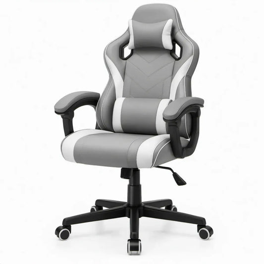 Kuipvormige gamingstoel met hoofd- en lendenkussen, grijs/wit, 65 x 65 x 118-128 cm